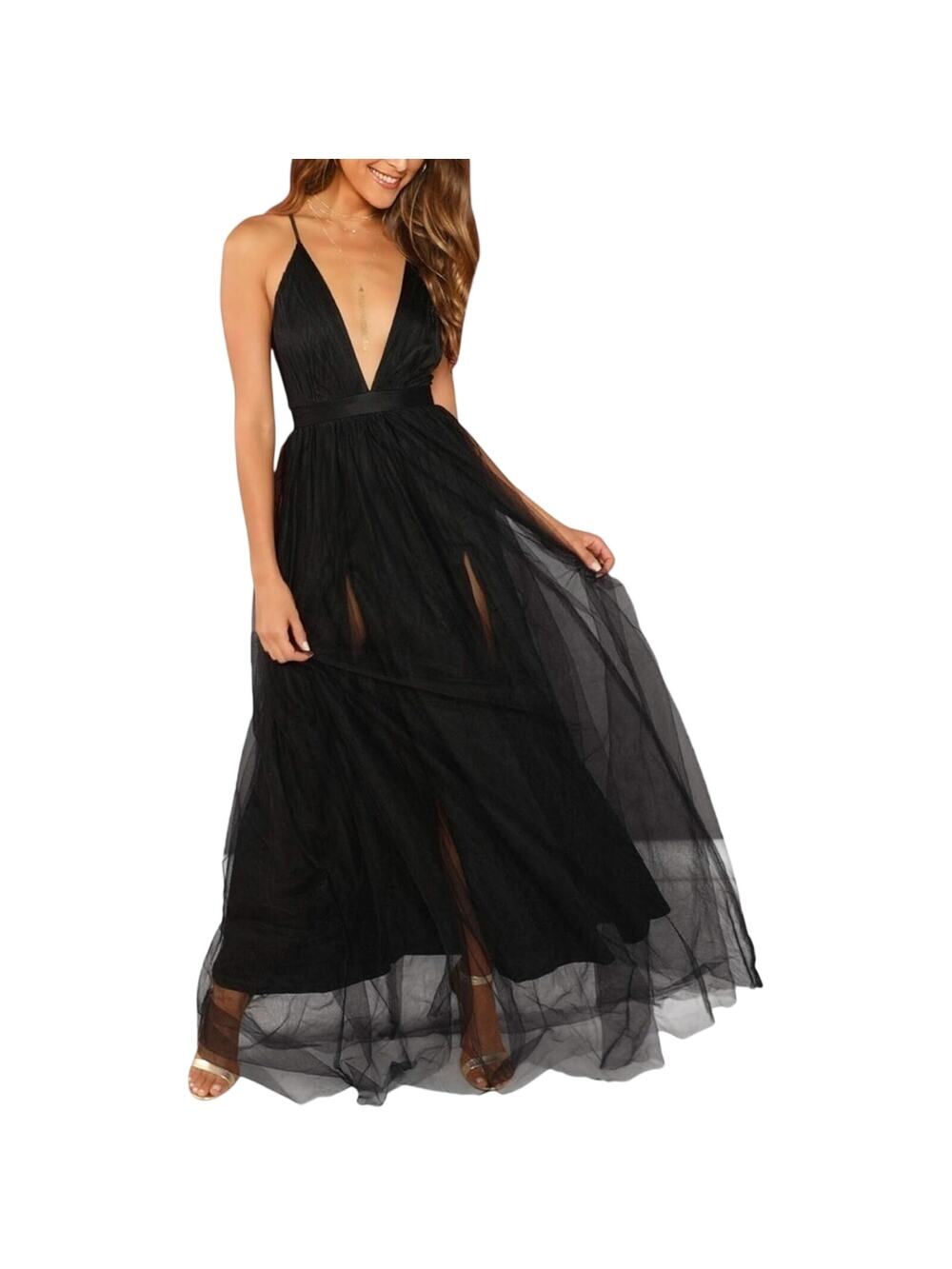 NWT Floerns XS Black Plunging V Neck Double Slit Maxi Dress Party